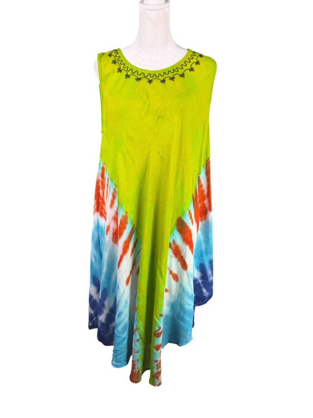 Tie Dye Embroidered Sleeveless Rayon Dress Boho Flowy Beach Cover Up One Size